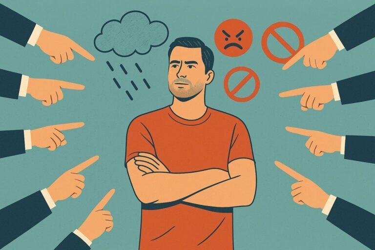 An illustrated man stands confidently with arms crossed while numerous hands point at him from both sides. Above him, symbols of criticism—including an angry face, rain cloud, and prohibition signs—float in the background. The image conveys calm resilience in the face of judgment or criticism.