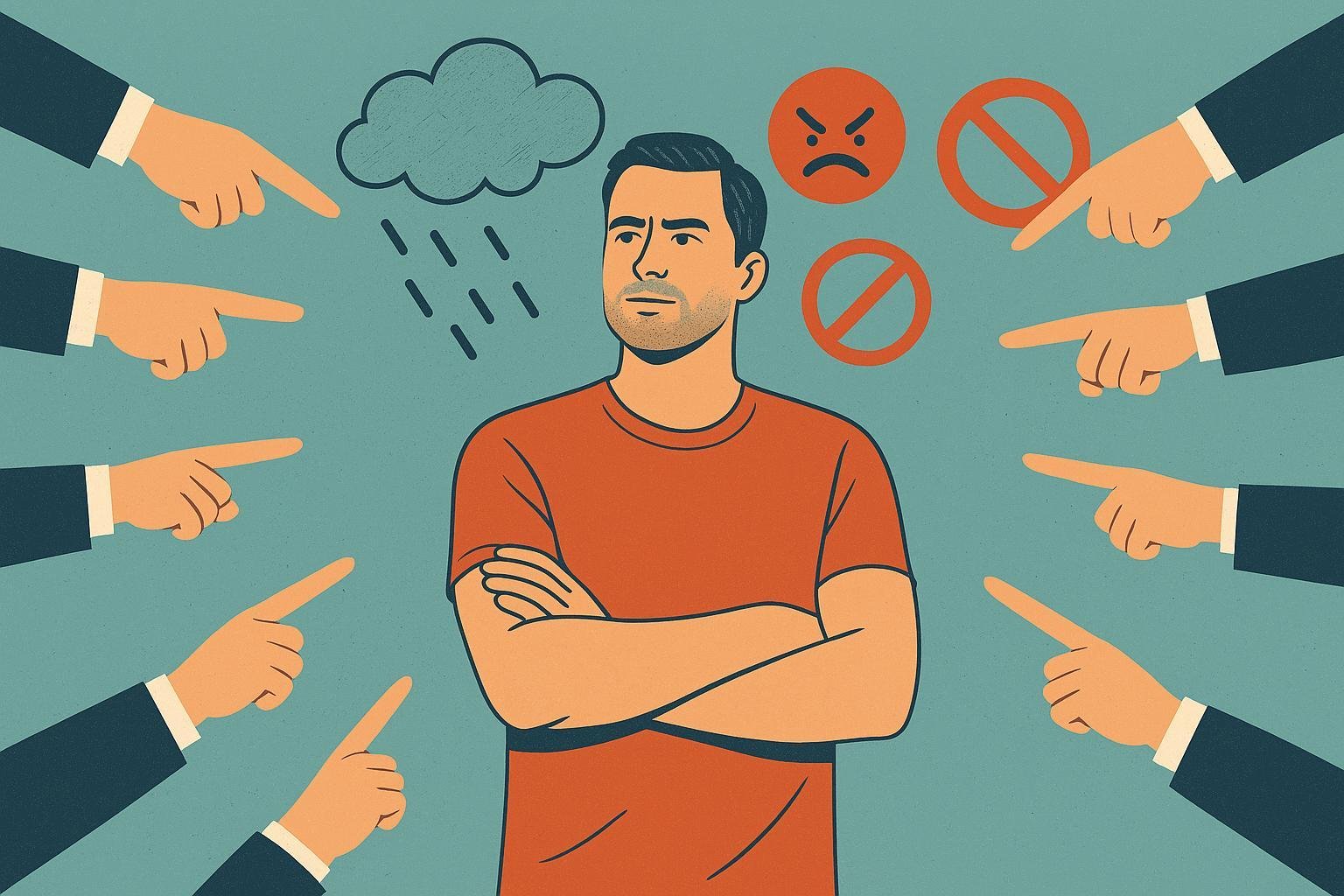 An illustrated man stands confidently with arms crossed while numerous hands point at him from both sides. Above him, symbols of criticism—including an angry face, rain cloud, and prohibition signs—float in the background. The image conveys calm resilience in the face of judgment or criticism.