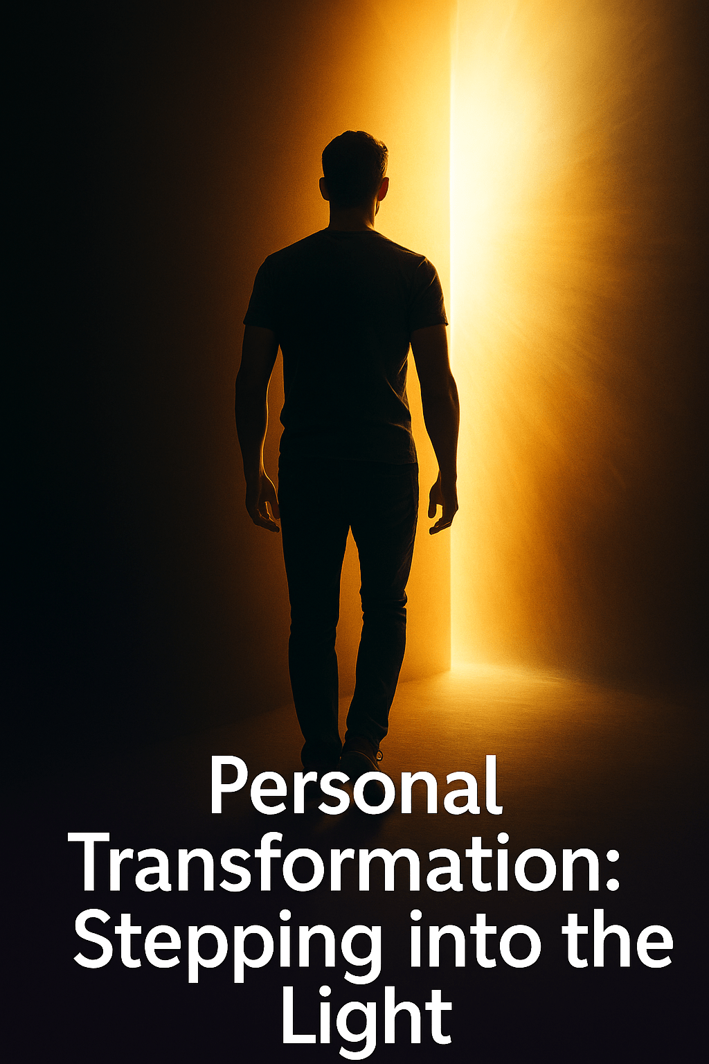 A silhouette of a man confidently stepping from darkness into a radiant golden light, symbolizing personal transformation and awakening. Bold white text at the bottom reads, "Personal Transformation: Stepping into the Light."