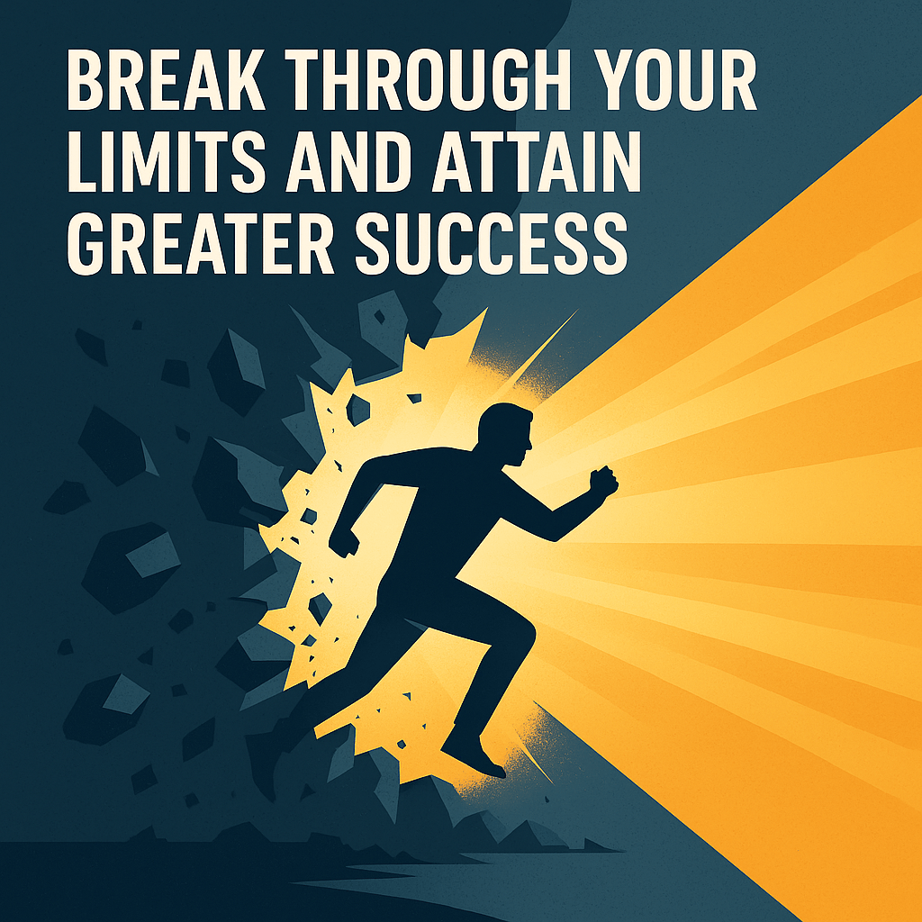 A powerful digital illustration of a person breaking through a dark wall into a burst of golden light. The figure is mid-stride, symbolizing momentum, transformation, and personal breakthrough. Large bold text reads, “Break Through Your Limits and Attain Greater Success.”