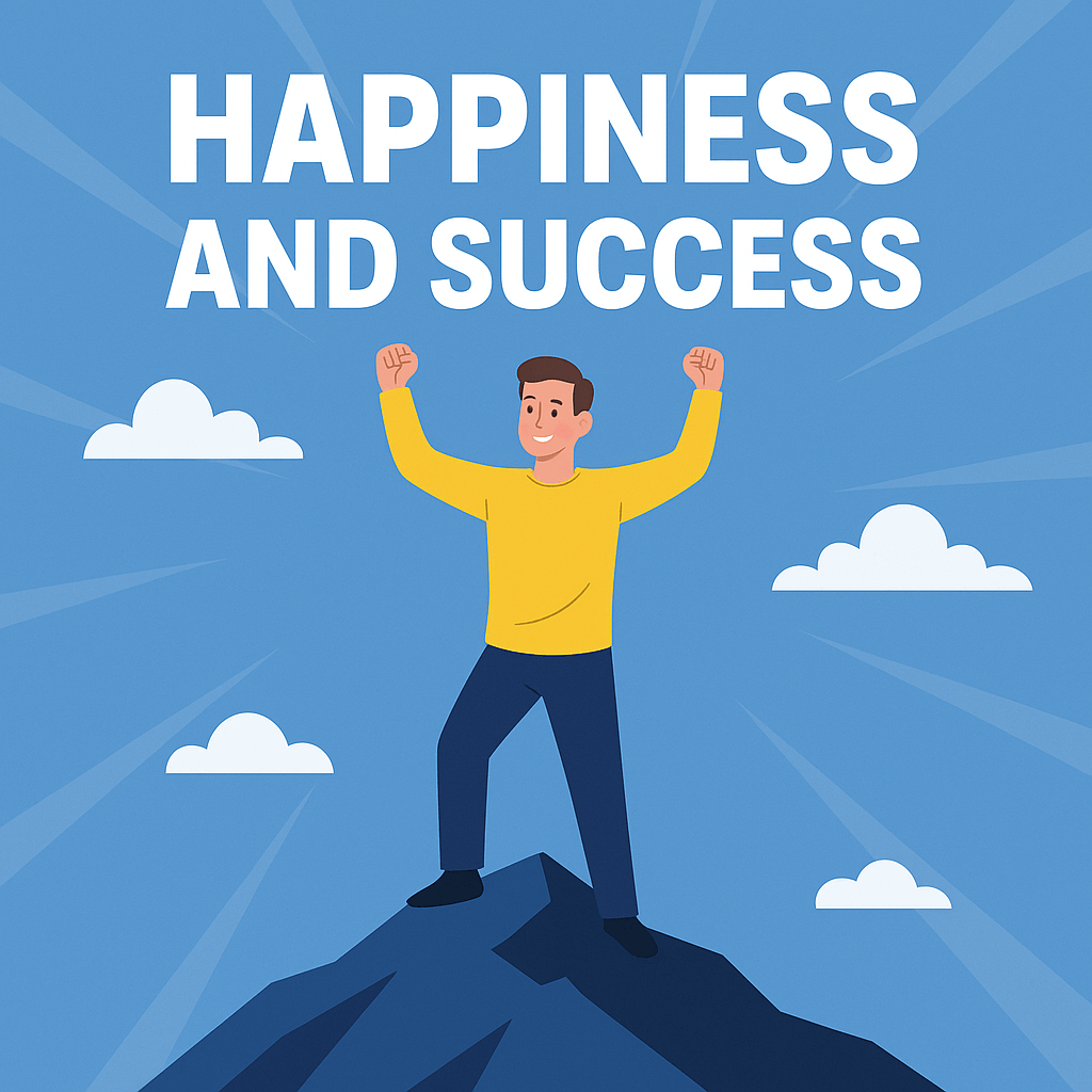 A cheerful man stands triumphantly on a mountain peak with his arms raised, wearing a yellow shirt and navy pants. The background features a bright blue sky with white clouds and sun rays, along with bold white text that reads “HAPPINESS AND SUCCESS.”