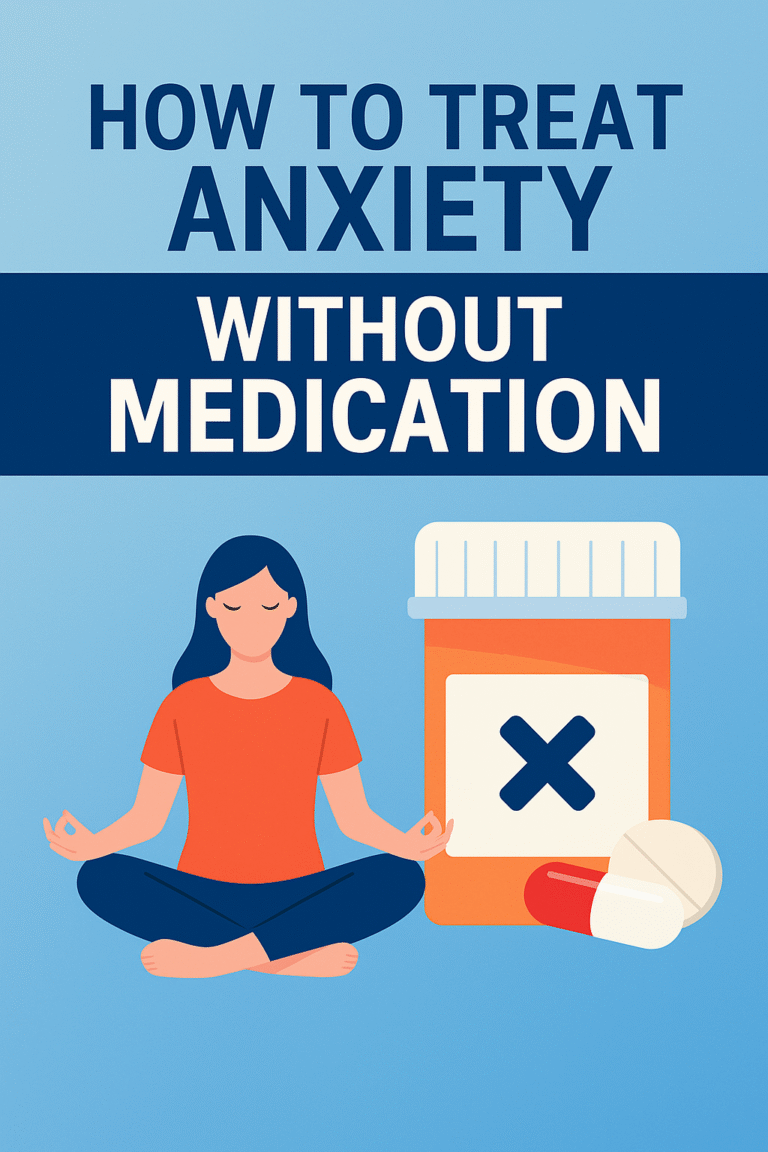 A digital graphic with soft teal tones features the title “How to Treat Anxiety Without Medication.” The image shows a calm figure seated in a meditative pose, surrounded by peaceful nature elements like leaves and soft curves, symbolizing holistic and mindful approaches to mental wellness.