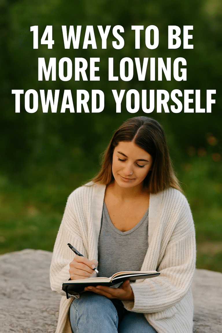 A peaceful photograph with soft natural lighting features a young woman sitting cross-legged in a sunlit field, gently smiling with her eyes closed. The text overlay reads “14 Ways to Be More Loving Toward Yourself,” conveying a sense of calm, reflection, and self-care.