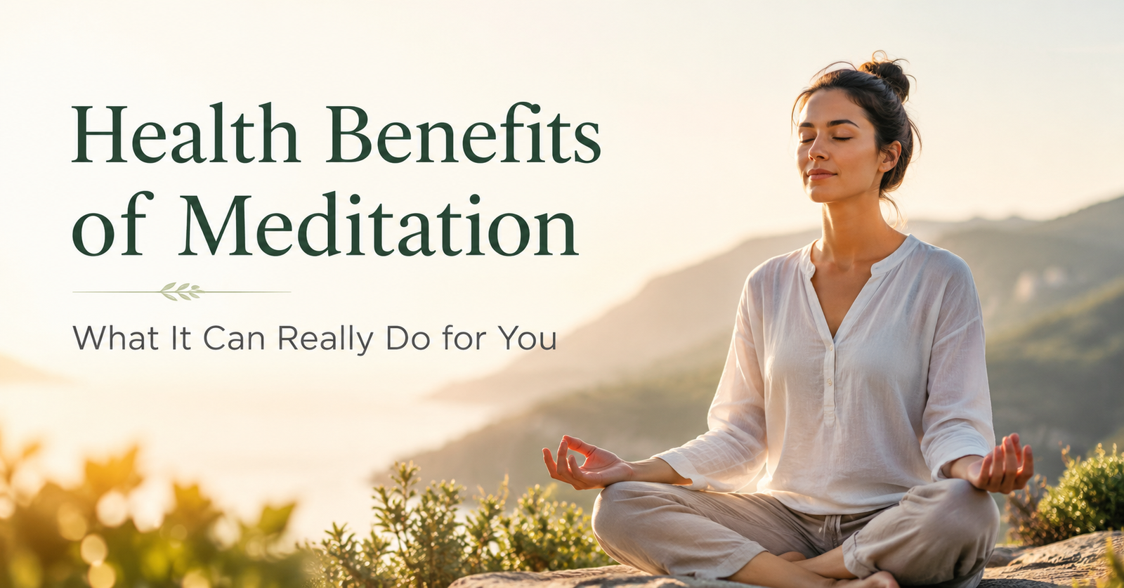 Woman meditating outdoors at sunrise beside the words “Health Benefits of Meditation: What It Can Really Do for You.”