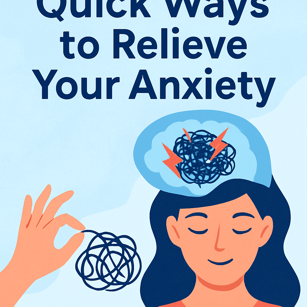 A calming 2D digital graphic features the title “Quick Ways to Relieve Your Anxiety.” The background includes soft, abstract shapes in pastel blue and peach tones, along with an illustrated person sitting in a relaxed, cross-legged position. The overall design conveys a sense of peace, balance, and emotional relief.