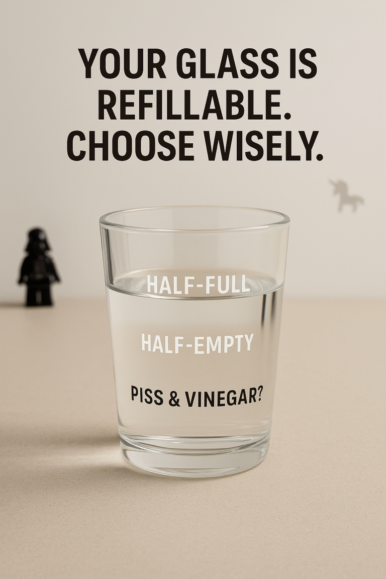 A bold, minimalist image of a glass on a white or neutral table — one side of the glass filled halfway, with a faint humorous label on the waterline ("half-full", "half-empty", and lower down: "piss & vinegar?"). The scene is bright and modern, with overlay text reading: “Your Glass Is Refillable. Choose Wisely.”