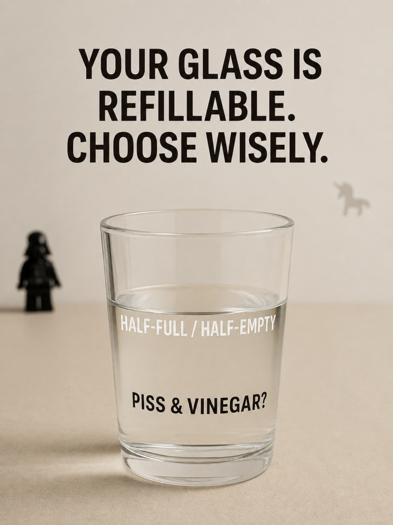 Half-filled glass labeled "Half-full / Half-empty" and "Piss & vinegar?" with the words "Your glass is refillable. Choose wisely."