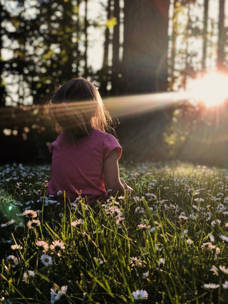 girl sitting on daisy flowerbed in forest girl sitting on daisy flowerbed in forest