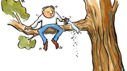 cartoon man sitting on branch he is sawing off from the tree