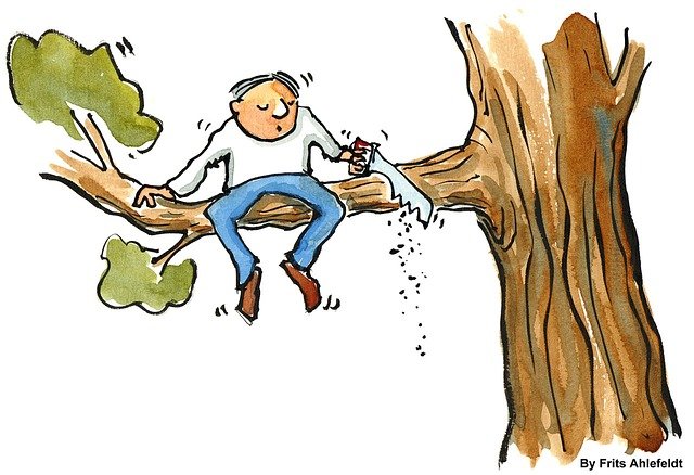 cartoon man sitting on branch he is sawing off from the tree