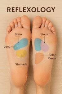 Traditional reflexology chart showing labeled zones on the soles of two feet