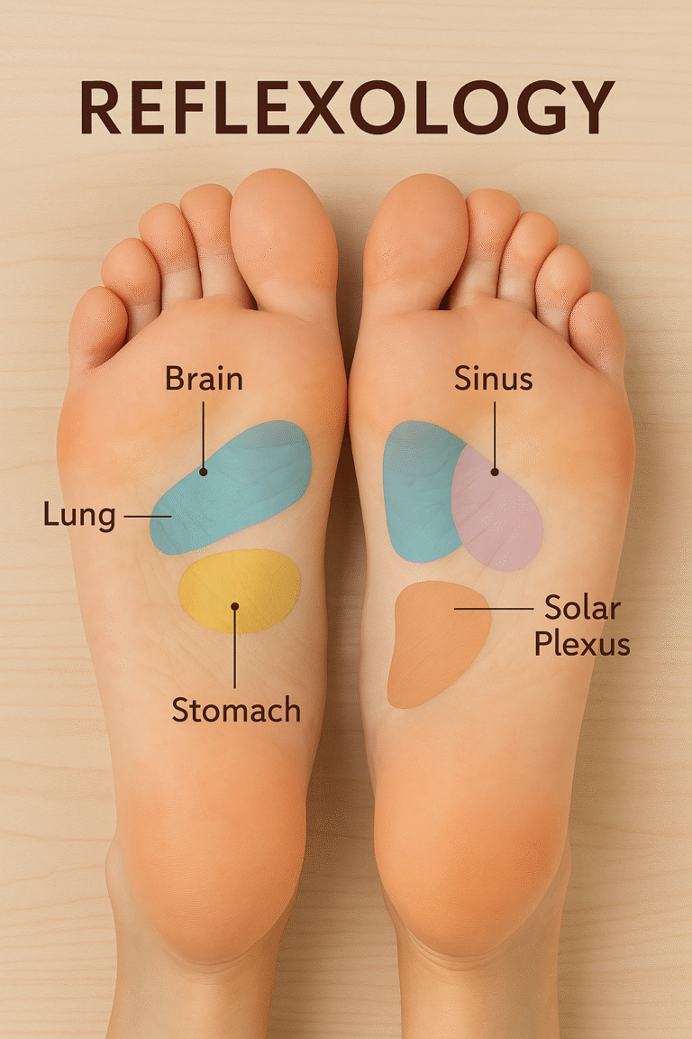 High-resolution educational image of two human feet with labeled reflexology zones, illustrating pressure points linked to organs and body systems, on a clean white background.