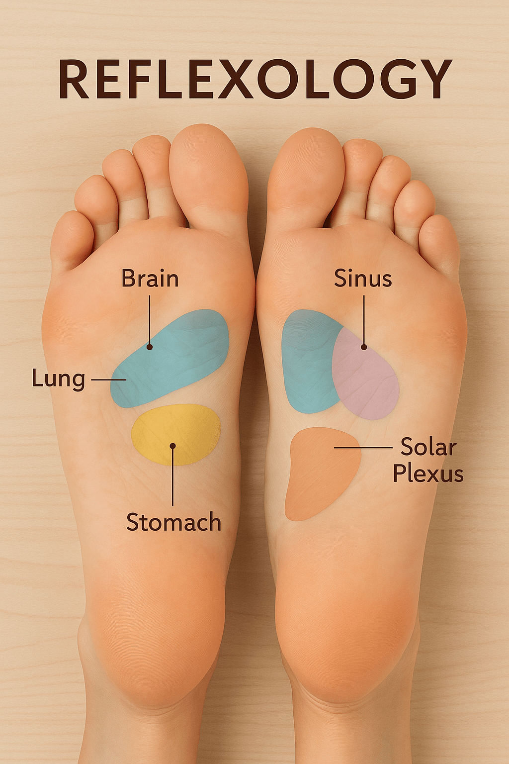 High-resolution educational image of two human feet with labeled reflexology zones, illustrating pressure points linked to organs and body systems, on a clean white background.