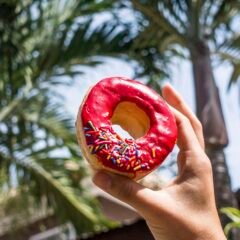 Free hand holding donut near palm
