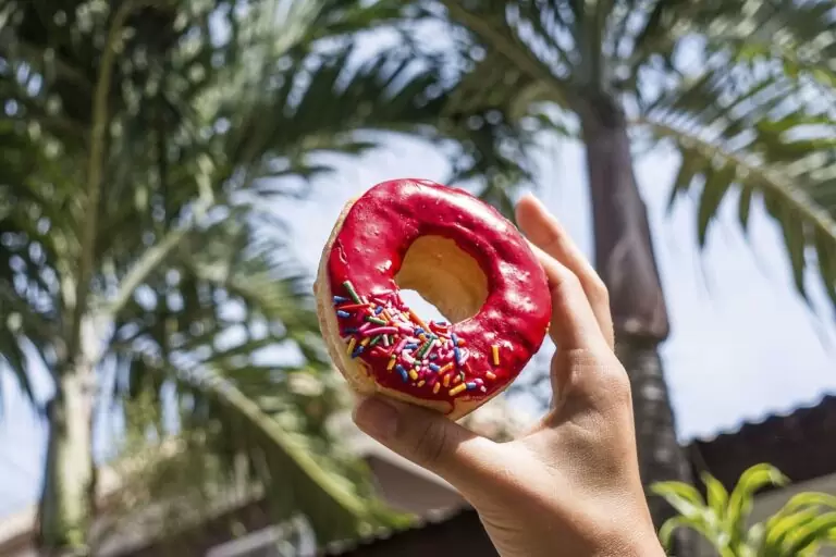 Free hand holding donut near palm