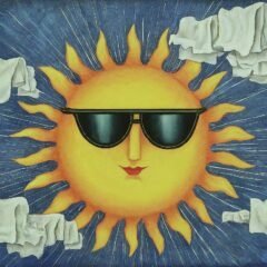 an art deco sun, wearing sunglasses with clouds made out of tissues