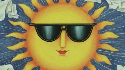 an art deco sun, wearing sunglasses with clouds made out of tissues