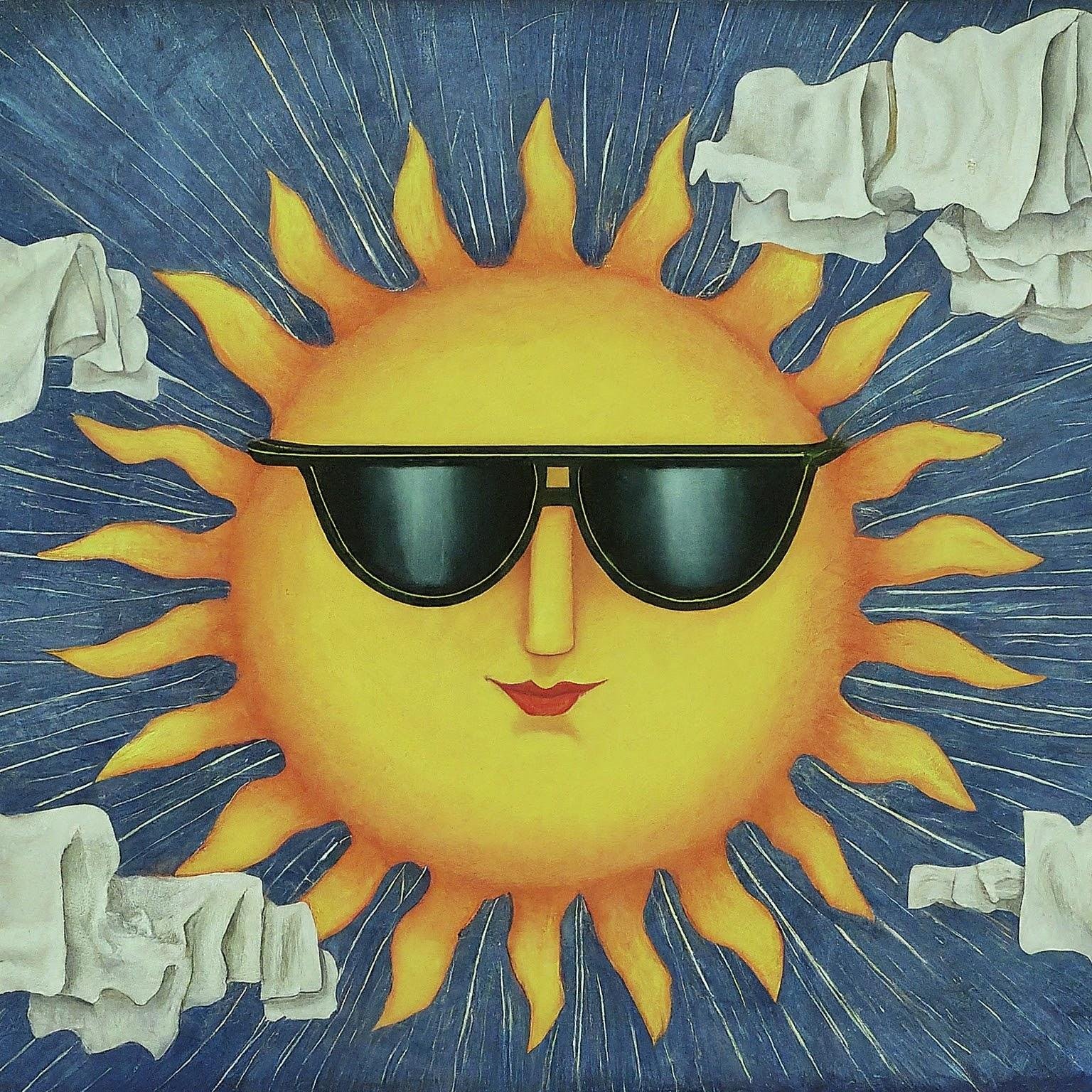 an art deco sun, wearing sunglasses with clouds made out of tissues