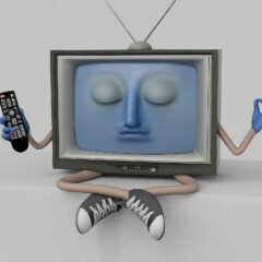 A television with hands, holding its remote control. The TV has a calm face with it's eyes closed in meditation.