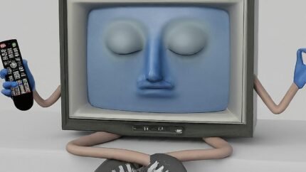 A television with hands, holding its remote control. The TV has a calm face with it's eyes closed in meditation.
