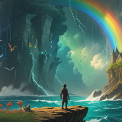A man standing on a cliff overlooking a vast ocean with a rainbow in the sky behind him.