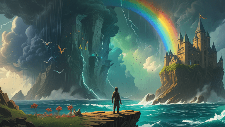 A man standing on a cliff overlooking a vast ocean with a rainbow in the sky behind him.