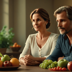 A couple, in their 40's sitting at a table with fruits and vegetables