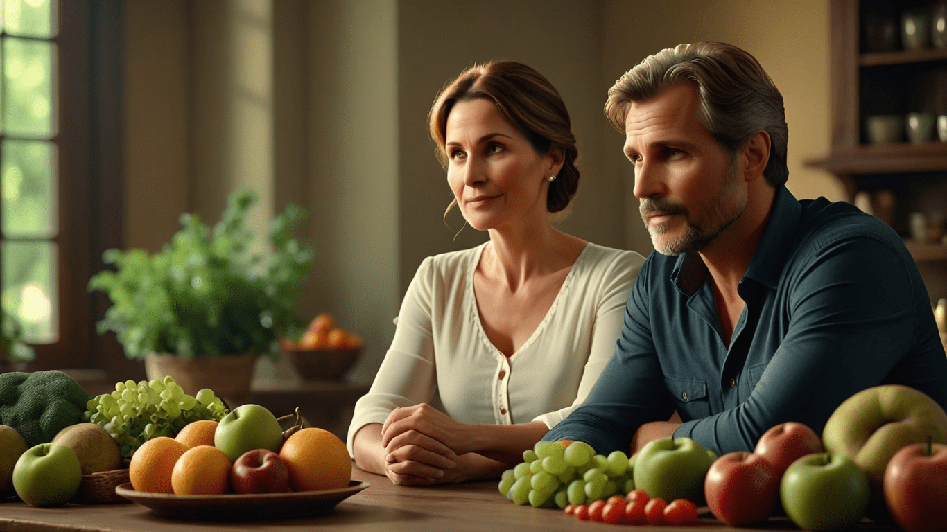 A couple, in their 40's sitting at a table with fruits and vegetables