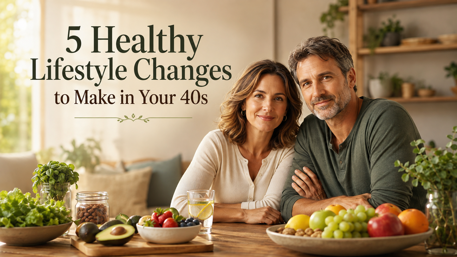 Couple in their 40s sitting at a table with fruits and vegetables