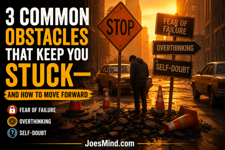 Overwhelmed person navigating roadblocks and stop signs