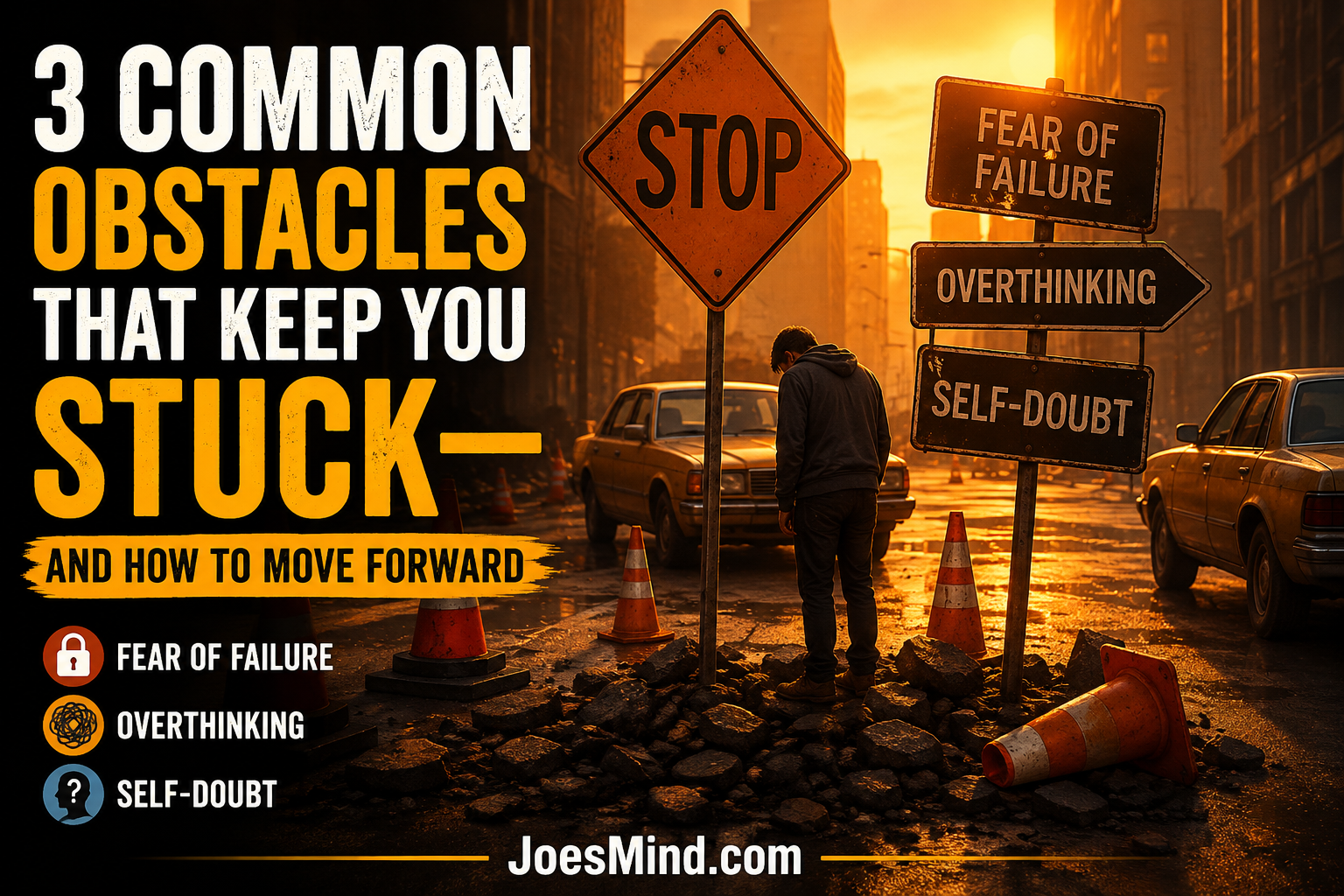 Overwhelmed person navigating roadblocks and stop signs