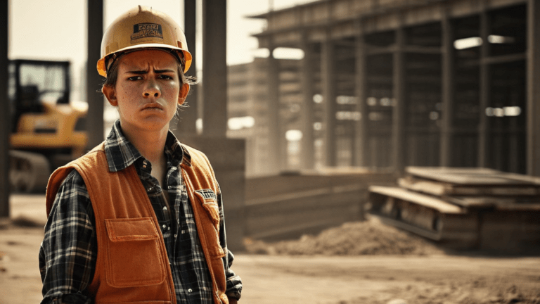 Prompt: Determined individual with a sour expression, wearing a flannel shirt, safety vest, and jeans, Construction site setting, Hardhat on the ground nearby, Heavy machinery in the background, Steel beams and concrete structures, Dust and dirt in the air, Sun shining brightly in the sky, Warm and gritty atmosphere, Realistic with a touch of drama, Highly detailed and sharp focus, Cinematic lighting with strong shadows, Digital illustration, Artstation