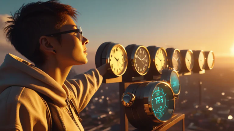 Multiple clocks with different times on each clock, Person in comfortable attire with relaxed expression, Outstretched arms admiring the horizon, Digital illustration, Realistic with a touch of fantasy, Highly detailed and sharp focus, Warm and golden lighting, Sun setting on horizon casting soft glow over scene