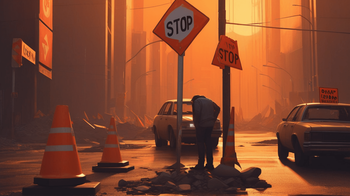 Stressed and sleepy person navigating through obstacles, such as construction cones and stop signs, in an urban setting, various obstacles, Person is looking fatigued and overwhelmed, Sun is setting in the background casting warm golden light, Digital illustration