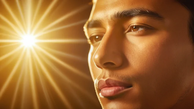 Person peacefully dreaming of future goals, , Bright shining light illuminating person's face, Person staring with determination and hope, Floating images of person's aspirations in the background, Highly detailed and sharp focus, Warm and golden lighting