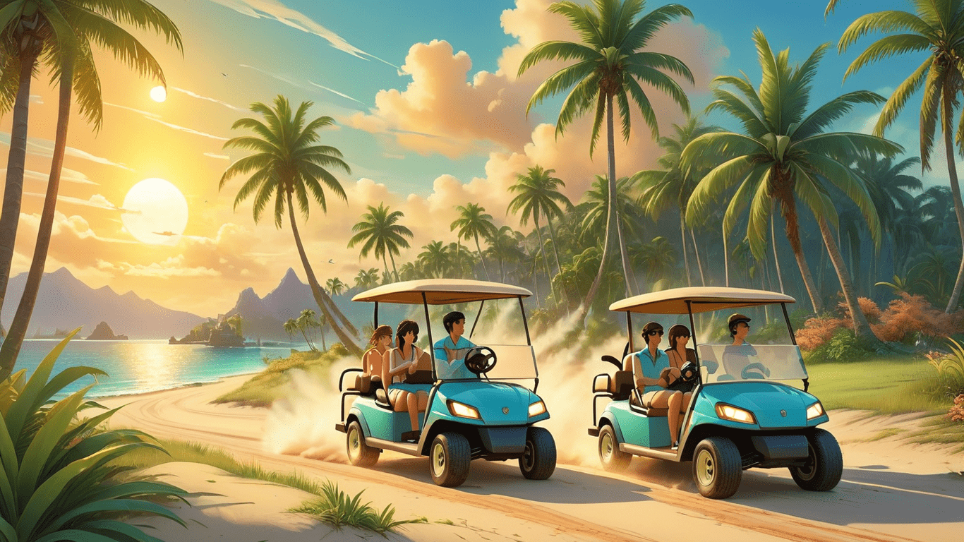 Two golf-carts on a tropical island