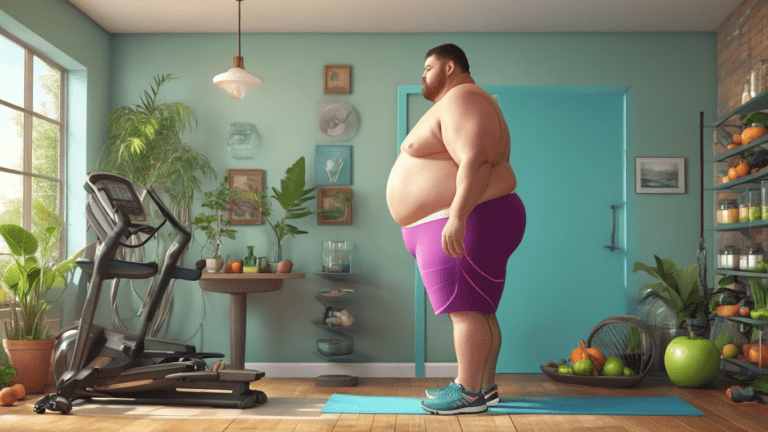 Overweight individual embarking on a transformation journey, Engaged in a rigorous workout routine, Incorporating healthy eating habits, Taking weight loss supplements, Person is determined and motivated, Surrounded by fitness equipment and healthy food choices, Visible progress in weight loss, Bright and uplifting atmosphere, Digital illustration, Realistic with a touch of optimism, Highly detailed and sharp focus, vint and energetic lighting