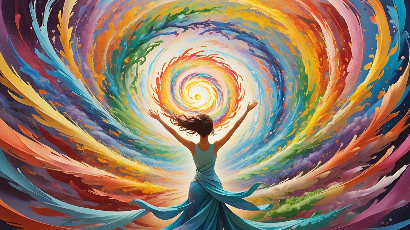 a vibrant, swirling vortex of colors, each hue representing a different emotion or experience. At the center of this vortex, a serene figure stands, their posture radiating strength and resilience. Surrounding this figure are symbols of growth and transformation: a sprouting seed, a soaring bird, and a rising sun. The overall impression is one of dynamic energy, positive change, and infinite possibilities.