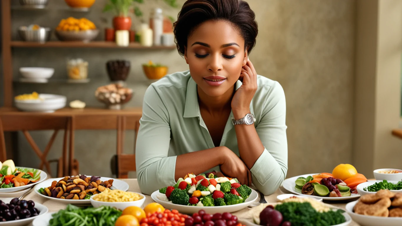 A person is sitting gracefully at a table, their hands gently resting on a plate filled with vibrant, colorful, and artfully arranged whole foods. The person has a serene expression, their eyes closed in appreciation, suggesting a deep connection to the food and the act of eating.