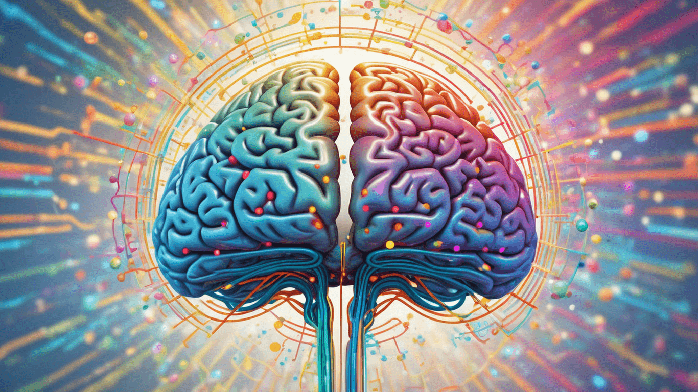 A stylized image depicting the brain with colorful pathways or glowing orbs representing dopamine, serotonin, oxytocin, and endorphins.