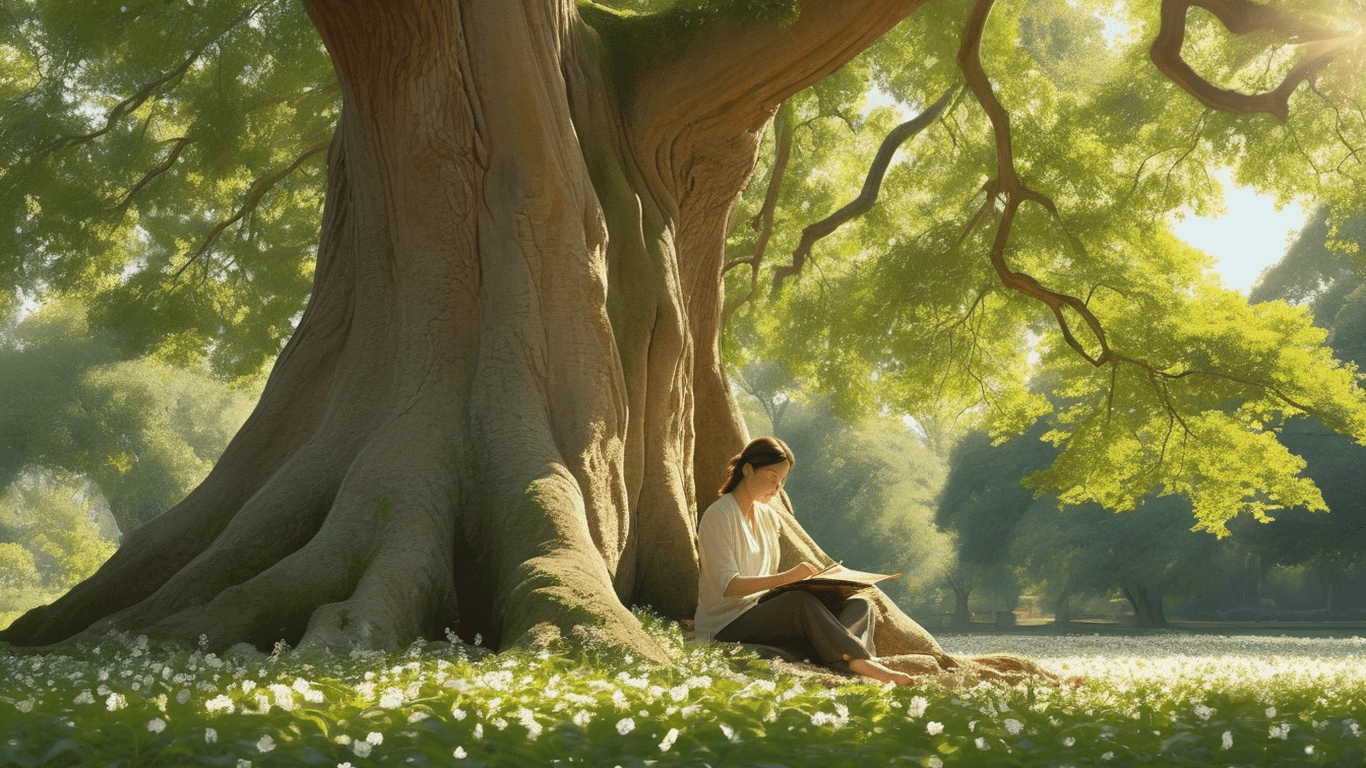 A person sitting peacefully under a large, ancient tree, sunlight dappling through the leaves.