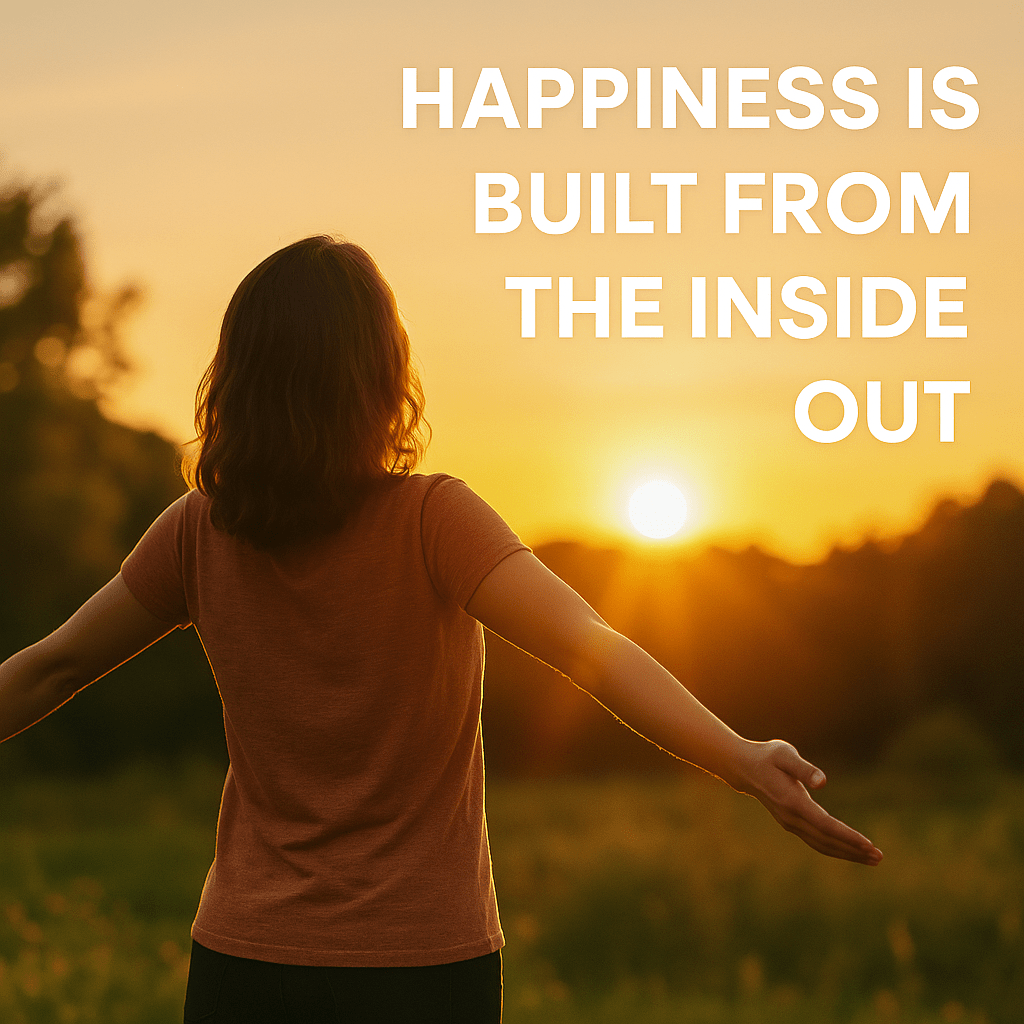 A radiant, calming visual showing a person standing in soft sunlight, arms gently outstretched, surrounded by nature — symbolizing joy, peace, and presence. Include light flares, vibrant but soft tones (sunset or golden hour vibe), and modern text overlay reading: “Happiness is Built From the Inside Out.”