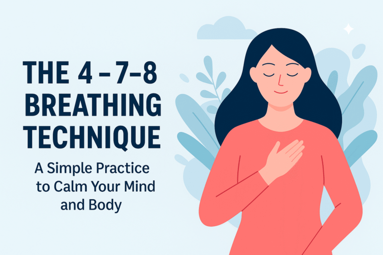 A calming digital illustration of a woman meditating in a seated position, surrounded by soft leaves and soothing abstract shapes. The graphic prominently features the blog title “Breathe Better: How the 4-7-8 Breathing Technique Can Calm Your Mind and Body” in bold text, conveying a peaceful and focused mood.