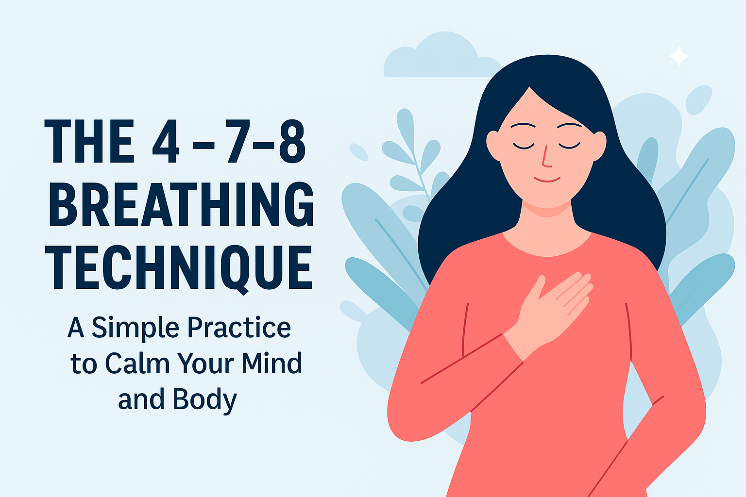 A calming digital illustration of a woman meditating in a seated position, surrounded by soft leaves and soothing abstract shapes. The graphic prominently features the blog title “Breathe Better: How the 4-7-8 Breathing Technique Can Calm Your Mind and Body” in bold text, conveying a peaceful and focused mood.