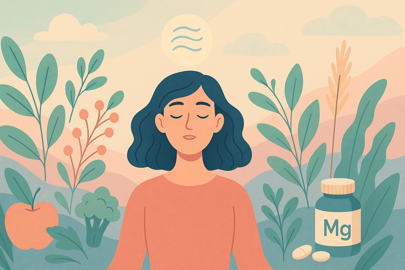 A serene illustration of a person meditating amid soft pastel plants, accompanied by subtle icons of an apple, broccoli, and a magnesium supplement bottle, evoking calm and wellness.