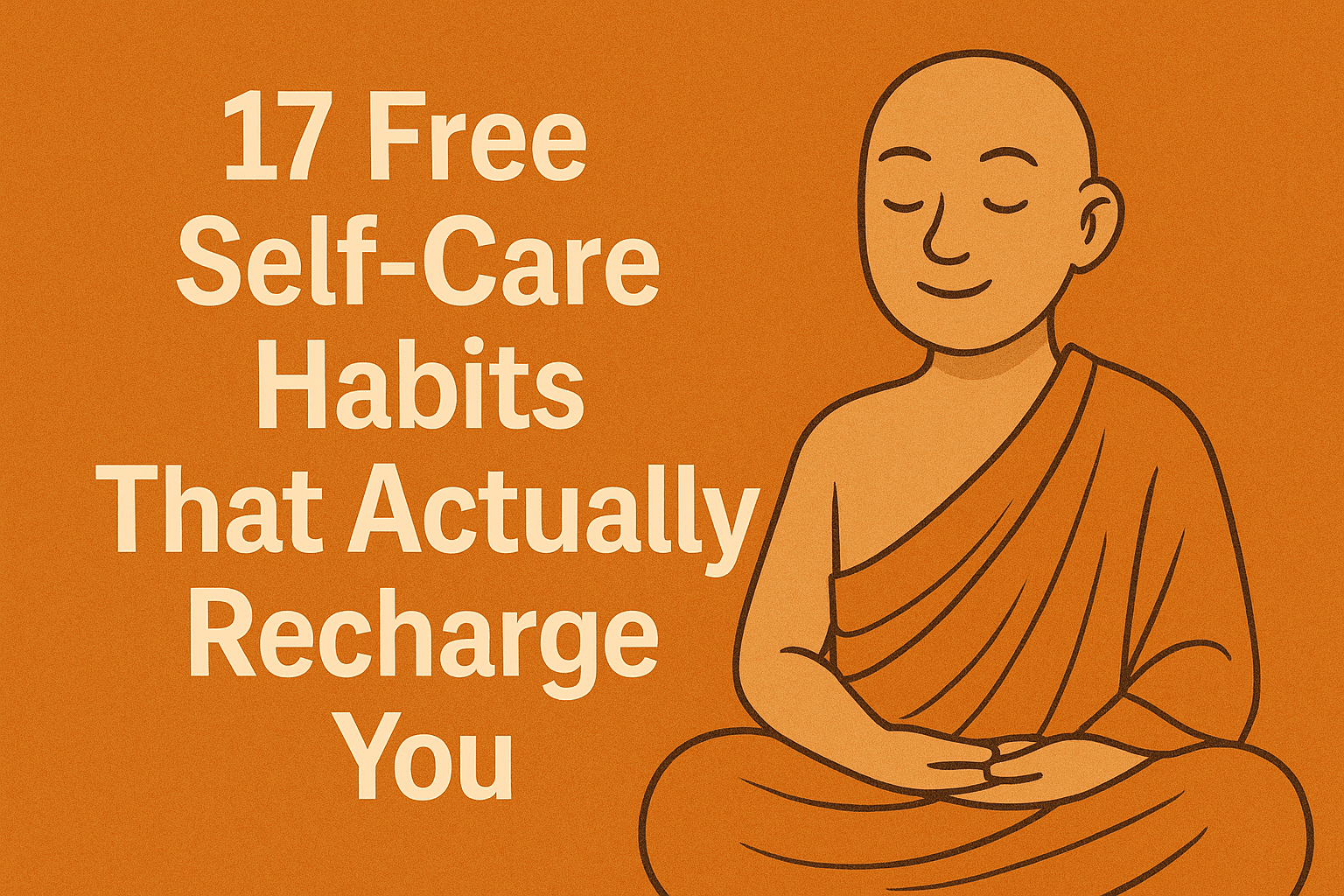 A peaceful cartoon monk in orange robes sits cross-legged in meditation beside bold cream-colored text that reads “17 Free Self-Care Habits That Actually Recharge You” on a warm orange background.