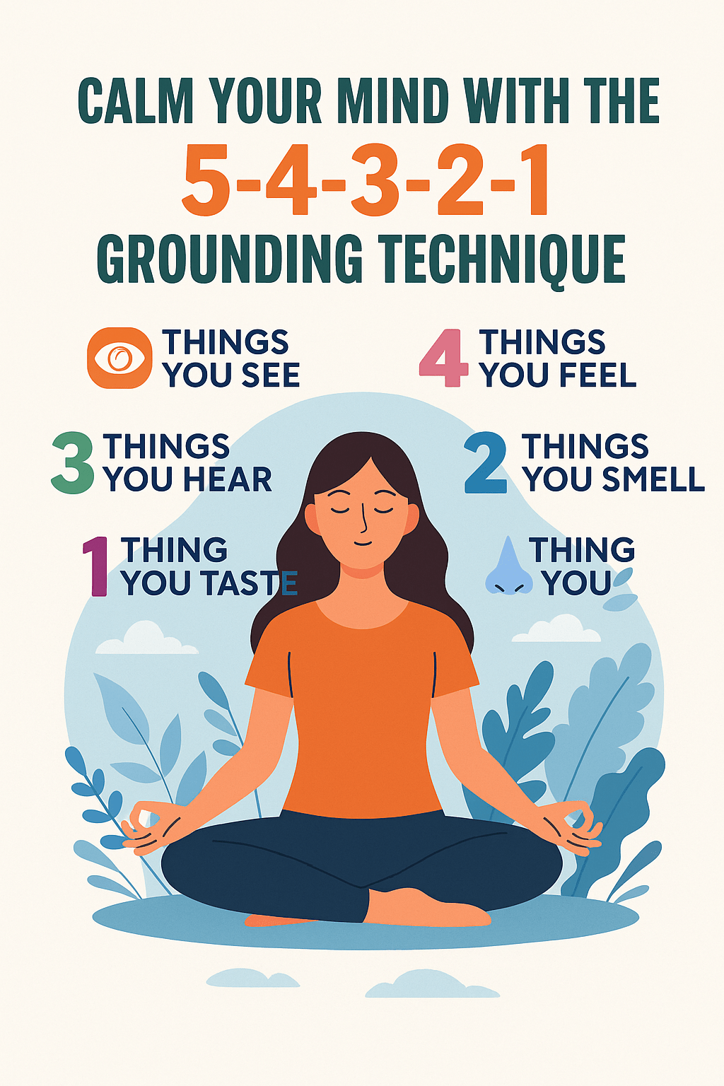 A vibrant flat-style digital illustration features a calming infographic titled “5-4-3-2-1 Grounding Technique.” The design shows a peaceful person meditating with icons representing the five senses around them. Each step—sight, touch, hearing, smell, and taste—is clearly labeled with corresponding numbers and symbols, set against a soft gradient background that evokes serenity and mindfulness.