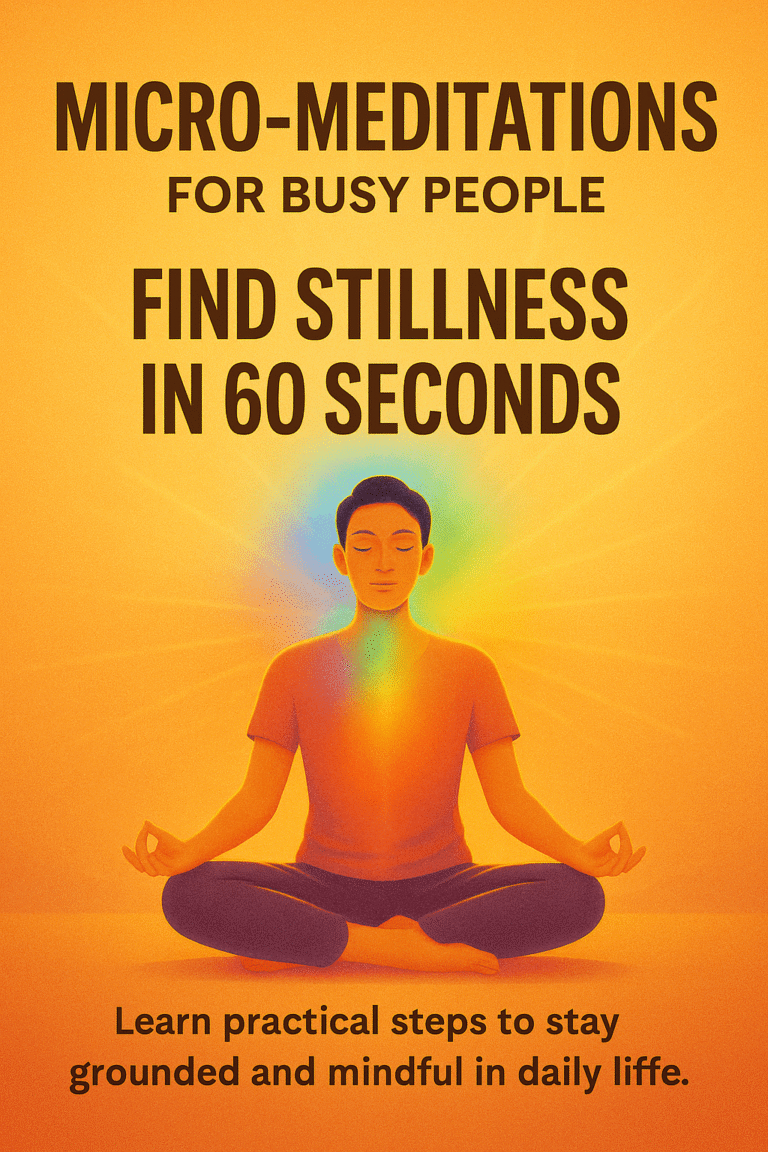 A person meditating in a cross-legged position with a radiant, multicolored aura, set against a warm orange and yellow background. The text promotes micro-meditations for busy people, encouraging stillness and mindfulness in under 60 seconds.