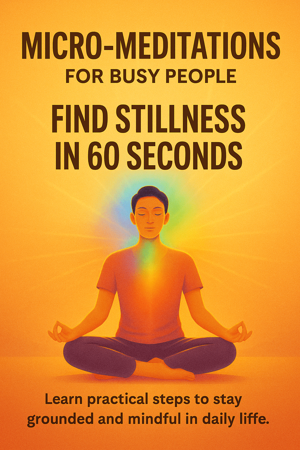 A person meditating in a cross-legged position with a radiant, multicolored aura, set against a warm orange and yellow background. The text promotes micro-meditations for busy people, encouraging stillness and mindfulness in under 60 seconds.