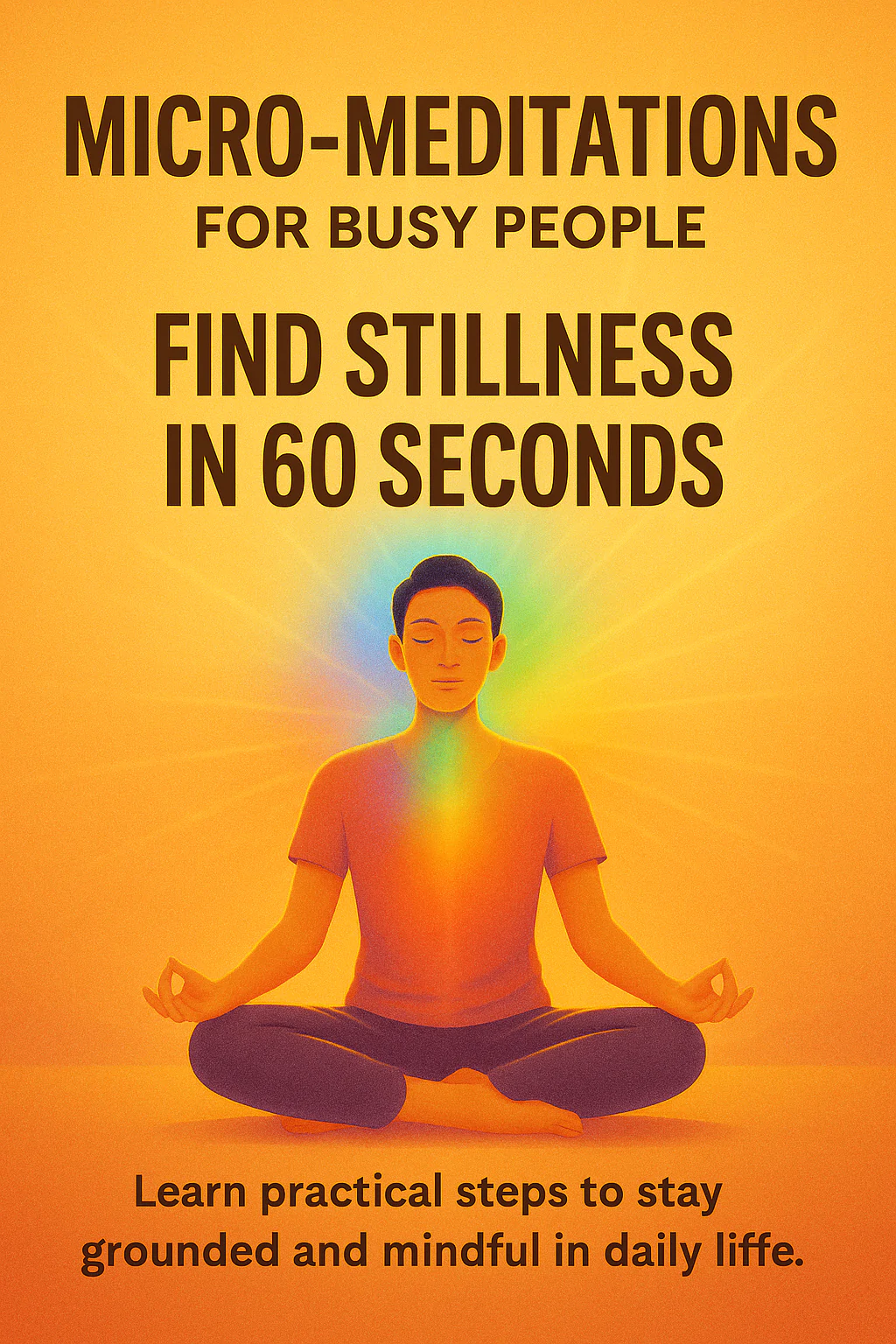 A person meditating in a cross-legged position with a radiant, multicolored aura, set against a warm orange and yellow background. The text promotes micro-meditations for busy people, encouraging stillness and mindfulness in under 60 seconds.